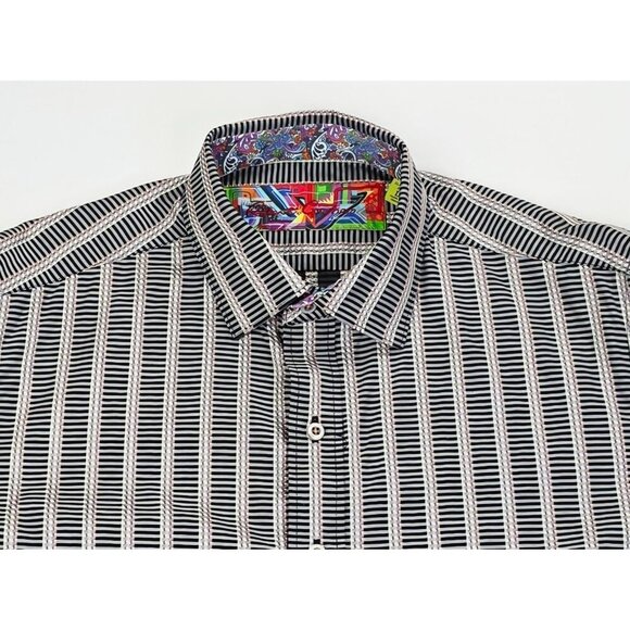 Robert Graham Classic Fit Size Large Mens Black Gray Stripe Sleeve Logo Shirt - Picture 1 of 11